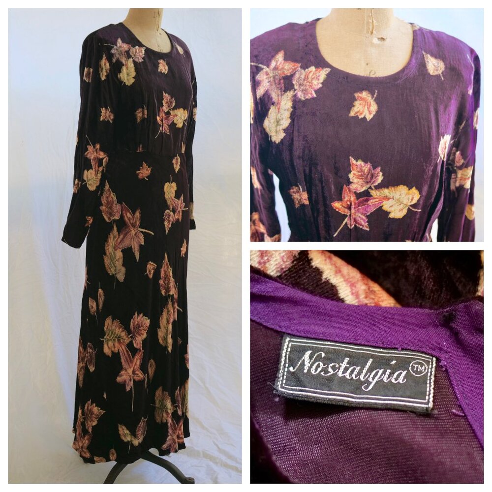 vtg 90s NOSTALGIA Wine Floral Grunge Crushed Velvet Boho Dress Y2K Whimsigoth S